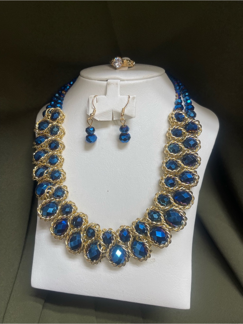 Gold-Tone Necklace and Earrings Set with Deep Blue Faceted Stones